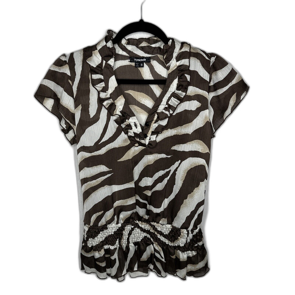 My Michelle Top Size S Brown and White Zebra Print v Neck Ruffles Casual